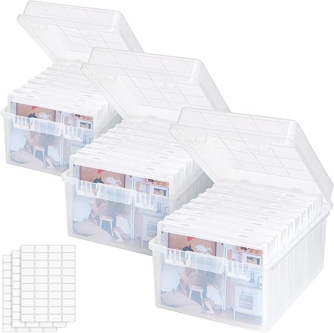 Lifewit 3 Pcs Photo Storage Set with 9 pcs 5"x7" Inner Photo Box& 28 x 22 cm/11x8.5 Transport Case, Craft Organizer for Seed Cards Pictures Office Supplies with 1 Sheet Label Sticker, Clear