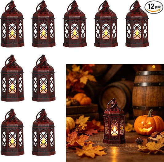 12Pcs Mini Moroccan Lanterns (Brushed Red) with LED Candle - Hanging Vintage Small Lanterns for Ramadan, Wedding, Easter, Christmas, Churches - Table Centerpieces & Medieval/Themed Decor