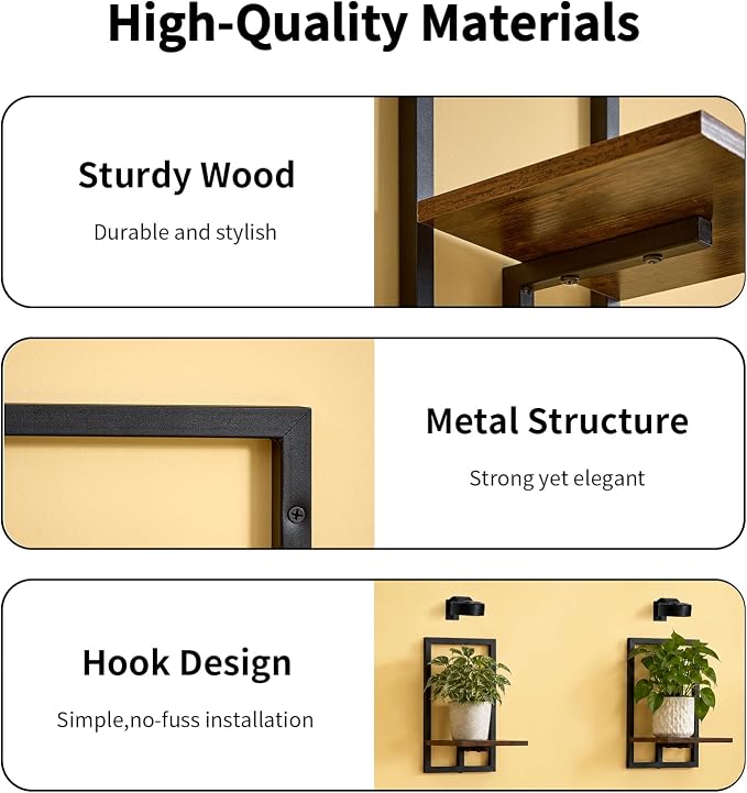Floating Shelves for Plants with Grow Lights, Remote Control Indoor Plant Holder Stand for Bedroom, Living Room, Bathroom, Kitchen, Rustic Brown