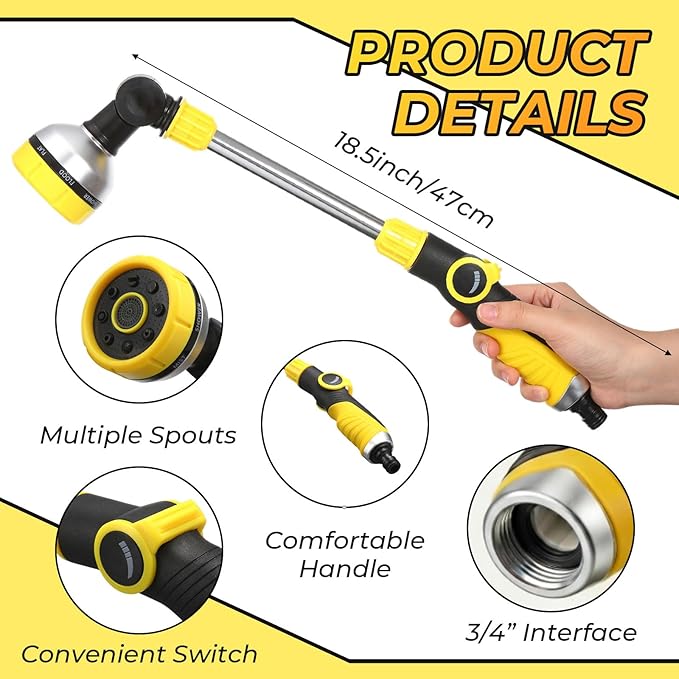 Hushee 4 Pcs 18.5 Inches Garden Watering Wand Bulk 180° Rotating Head Hose Wand with Thumb Control Shut off Valve 8 Patterns Garden Hose Nozzle Yellow