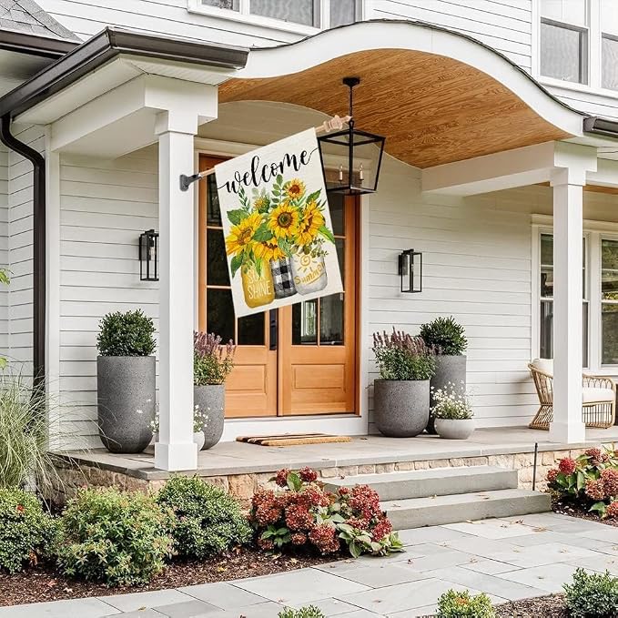 CROWNED BEAUTY Summer Sunflower House Flag Mason Jar Double Sided 28x40 Inches Large Burlap Seasonal Welcome Yard Porch Decoration for Outside