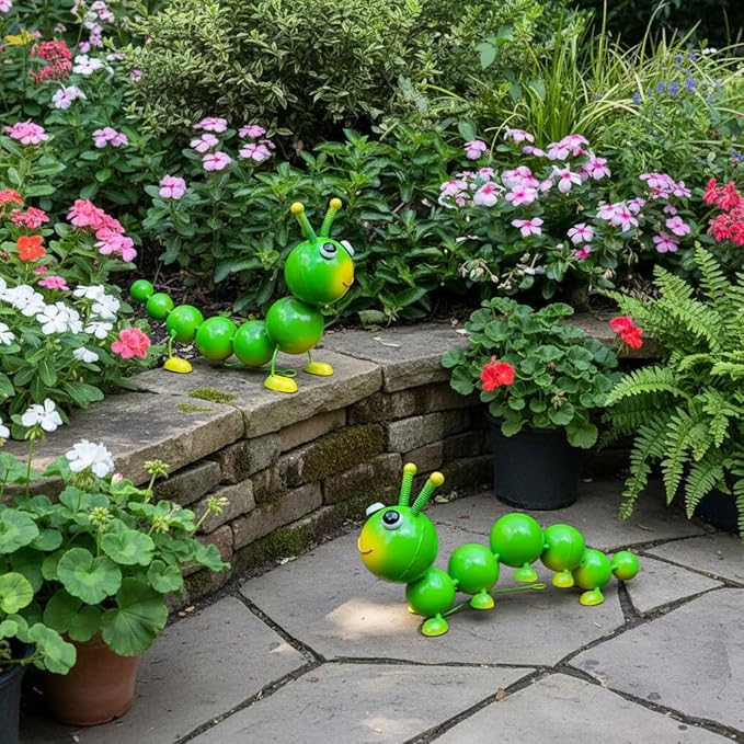 Cruis Cuka Metal Caterpillar Statue Yard Art Garden Decor for Outside Patio Lawn Ornaments Fence Decorations Gift for Family,Friends,Garden Lovers - Set of 2(Green)