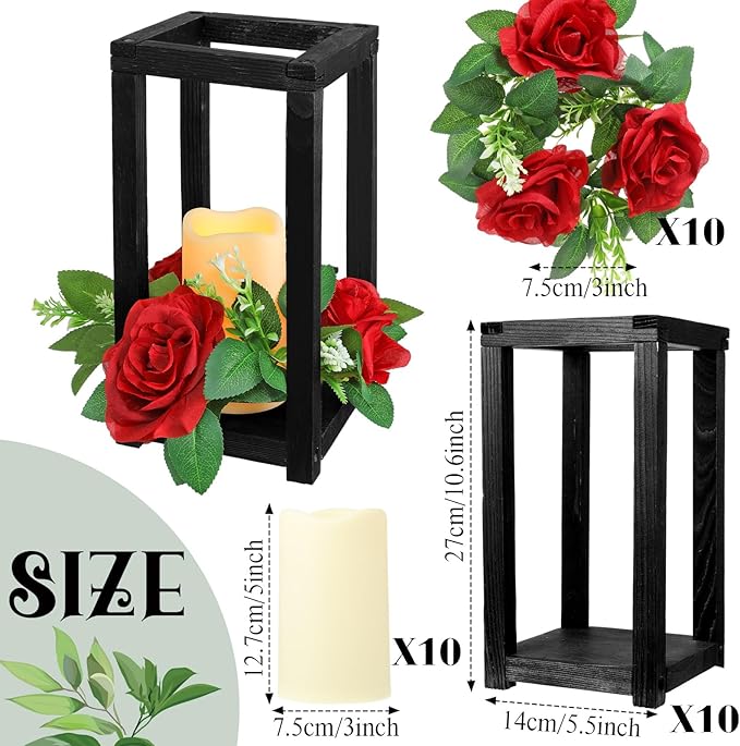 Hushee 30 Pcs Integrated Wedding Lantern Centerpiece Rustic Wooden Holder with Candles and Rings Farmhouse Candle Lantern Decor for Home Valentine Wedding Party Table Decor (Black and Red)