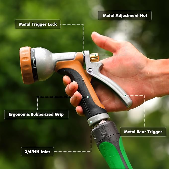 RESTMO Heavy Duty Metal Garden Hose Nozzle, Water Hose Nozzle with 7 Adjustable Spray Patterns, High Pressure Hose Sprayer with with Flow Control, for Plants & Lawns, Washing Cars & Pets, Orange