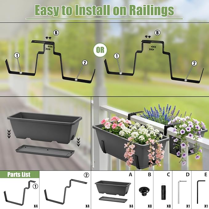Sunexinlo 4-Pack Railing Planter Boxes with Double-Sided Adjustable Brackets, Plastic Rectangular Flower Boxes with Drainage Holes and Trays for Outdoor Balcony, Deck, Patio, Porch, Fence, Gray