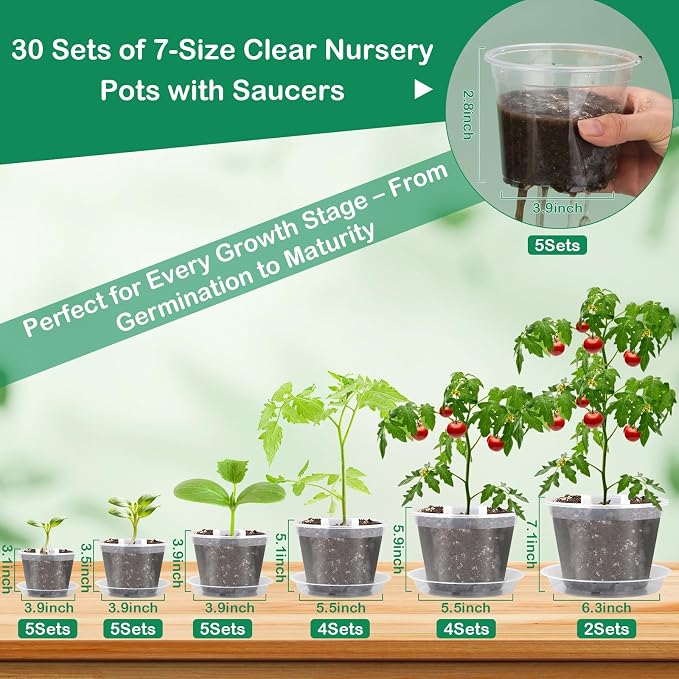 30Pcs Clear Plastic Nursery Pots with Drainage Holes and Saucers, 2.8/3.1/3.5/3.9/5.1/5.9/7.1Inch Seedling Starter Pots with Tool for Indoor Outdoor Gardening Flower, Herb, Succulent Transplanting