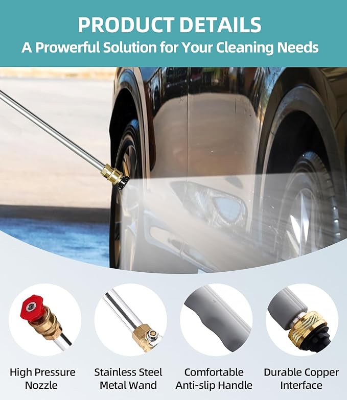 Jet Nozzle Power Washer Wand Hose Nozzle, Hydro Jet High Pressure Watering Sprayer Tool with 3 Different Nozzles, Water Hose Nozzle with Quick Connectors for Car, Gutter, Window Washing,Grey