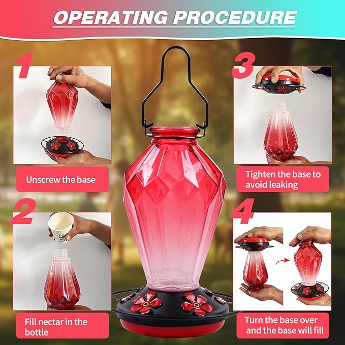 2 Pack Glass Hummingbird Feeder for Outdoors Hanging, 25Oz Humming Bird Nectar Feeder, Perch, 5 Flower Feeding Ports, Leak Proof Base, Hook for Outside Garden Backyard, Gift for Women, Diamond Red