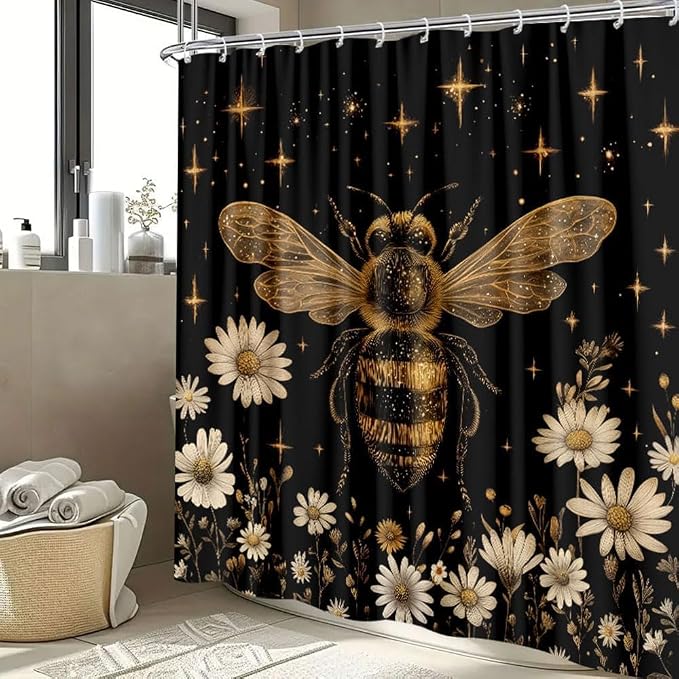 Vintage Boho Shower Curtain Black and Gold Floral Bathroom Aesthetic Decorative, Funny Rustic Bee Daisy Flowers Witchy Eclectic Chic Farmhouse Shower Curtains with Hooks, 60X72 Inch Yellow