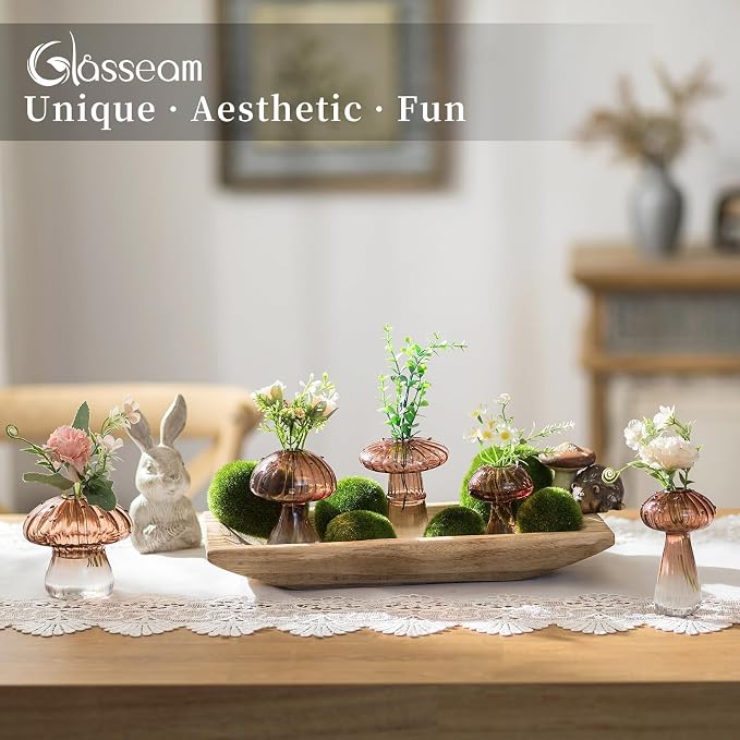Glasseam Mushroom Plant Propagation Stations: Amber Glass Terrarium Jar Set of 5 Cute Planters for Indoor Plants Mini Propagate Station Unique Christmas Birthday Gifts for Women Home Office Decor