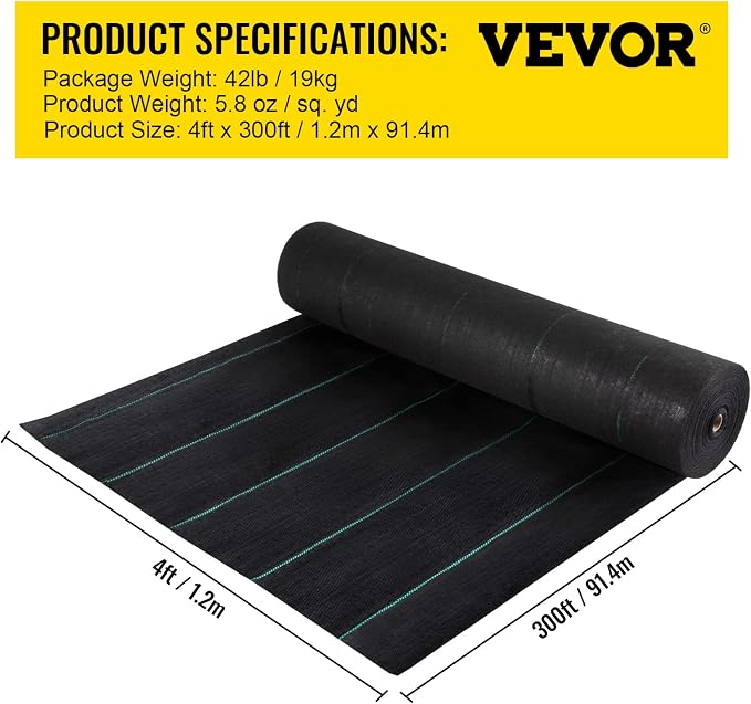 VEVOR Weed Fabric Barrier Heavy Duty, 4x300FT 5.8oz Weed Blocker Fabric, Woven Landscape Fabric, Garden Weed Barrier, Control Ground Cover, Geotextile, Gardening Mat, Black