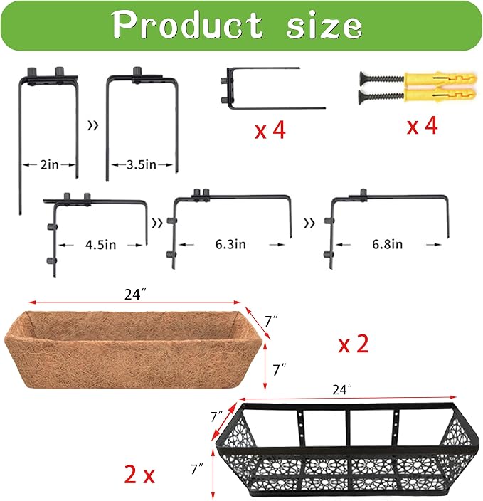 EIMQUVW 2 Pack 30" Railing Planter Window Box Deck Balcony Rail Planters Black Metal Flower Basket Horse Trough Planter with Coco Fiber Liner for Porch Fence Patio Outdoor