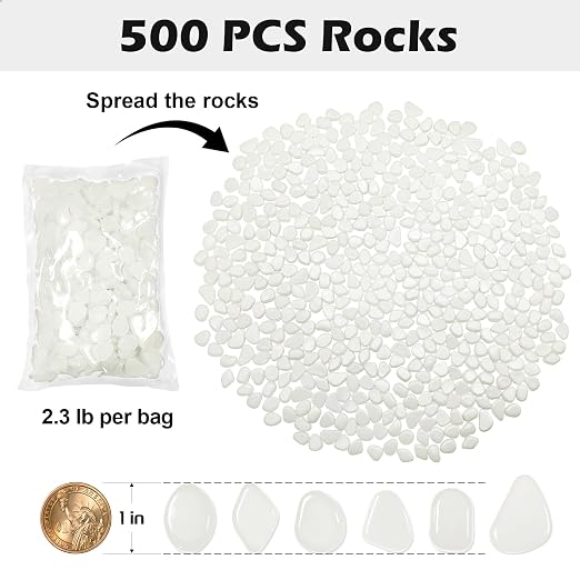 NAMTSO Glow in The Dark Rocks Outdoor, 500 pcs White Solar Rocks for Landscaping, Outdoor Decor Glow in The Dark Stones, Glowing Pebbles for Garden Backyard Patio Lawn Pond Fish Tank Aquarium Decor