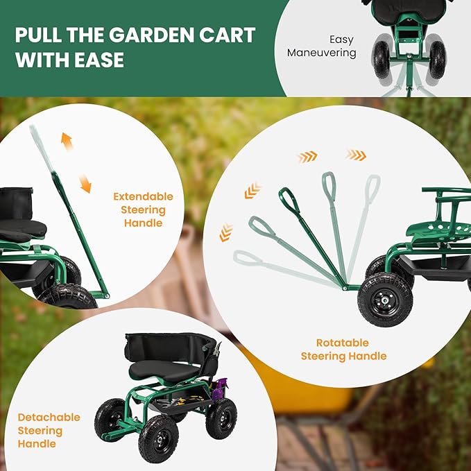 Byroce Rolling Garden Cart with Seat, Heavy Duty Wheelbarrow Utility Cart with Metal Frame, Swivel Seat, Tool Tray, Storage Basket & Adjustable Handle, Outdoor Garden Wagon Scooter for Yard (Green)