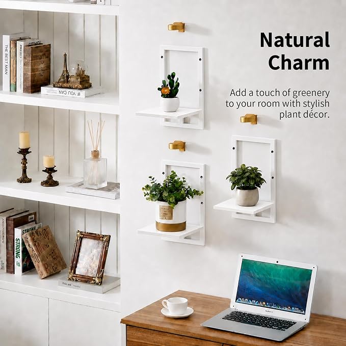 Wall Plant Holder with Grow Lights Set of 2 for Indoor Outdoor, Floating Flower Display Stand for Living Room, Bedroom, Bathroom, Kitchen, Entryway, White (3, White)