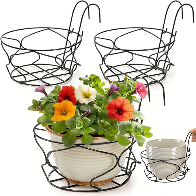 Noamus 3 Pack 10" Hanging Railing Planters Basket, Round Iron Rack Fence Shelf, Metal Wire Flower Pot Holder, Plants Hangers with Detachable Hook for Balcony Garden Indoor and Outdoor (Black)
