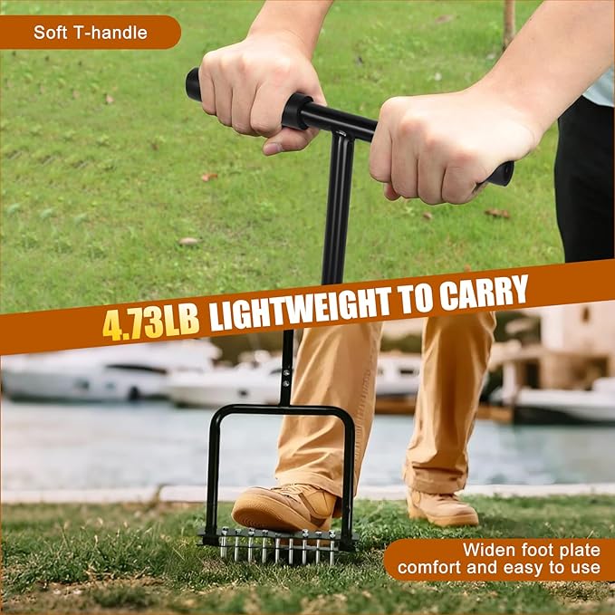 Lawn Aerator Tool with 14 Metal Spikes – Manual Yard Aerator with Spring Base & Auto Leaf Cleaning for Soil Aeration, Lawn Care, Grass Health – Heavy Duty Aerator for Garden, Backyard, Patio