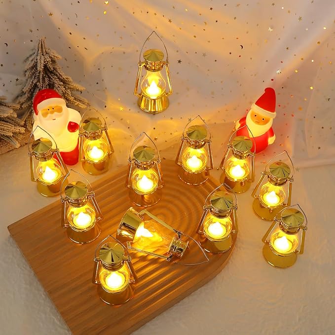 Mini Vintage Lantern Decor 12-Pcs LED Small Lanterns Indoor Decorative Outdoor Hanging Lantern Decorative Candle Lanterns Farmhouse Decor for Wedding Centerpiece,Halloween,Christmas Decorative