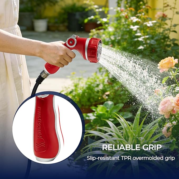 HugeDawn Garden Hose Nozzle with 7 Spray Patterns, Heavy Duty Metal Sprayer 30% Greater Water Flow for Watering, Car Wash, Outdoor Cleaning (Red)