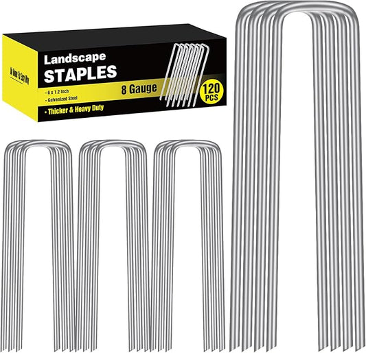 120 Pack 6 Inch Landscape Staples, 8 Gauge Garden Stakes Heavy Duty More Thicker Galvanized Tent Stakes, Lawns Yard Staples Wind-Resistant Ground Stakes for Hard & Rocky Soil, Pet Fence