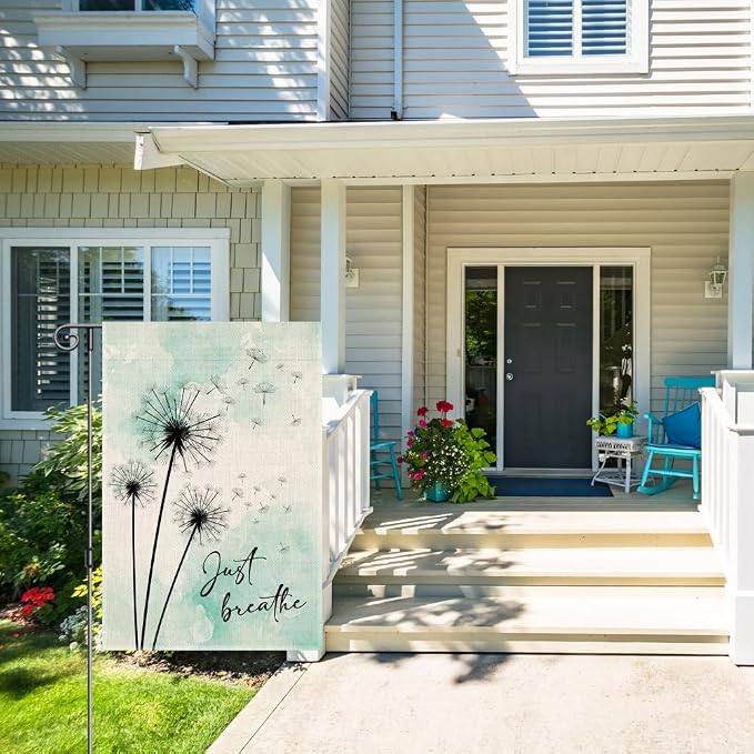 Perfectinsoy Just Breathe Garden Flag, Blue Dandelion Garden Banner, Welcome Yard Home Holiday Farmhouse Porch Patio Lawn Outside Decor, Mental Health Flag Gifts, Positive Home Garden Decor Gifts