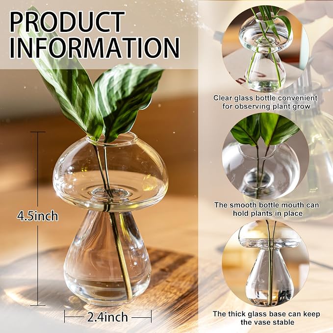 Mushroom Glass Planter, Plant Propagation Station, Cute Mushroom Vase, Clear Glass Terrarium Jar Propagation Vase for Indoor Plants Home Decor, Gifts for Plant Lovers (4)