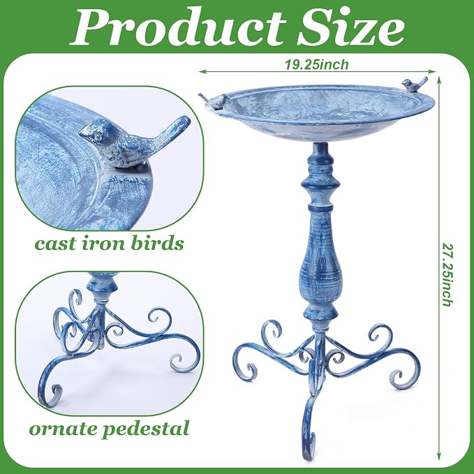 Newtay 27.25" Ornate Metal Pedestal Style Birdbath with Cast Iron Vintage Birds Baths for Outdoors on Rim Full Base Standing Bird Bath Tray for Garden Yard Decoration Not Easy to Rust (Blue)