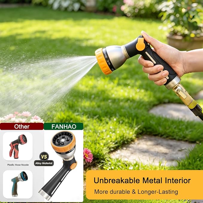 FANHAO Garden Hose Nozzle, 100% Heavy Duty Metal Spray Nozzle with Thumb Control, High Pressure Water Nozzle with 8 Adjustable Spray Patterns for Watering Plants, Washing Cars and Showering Pets