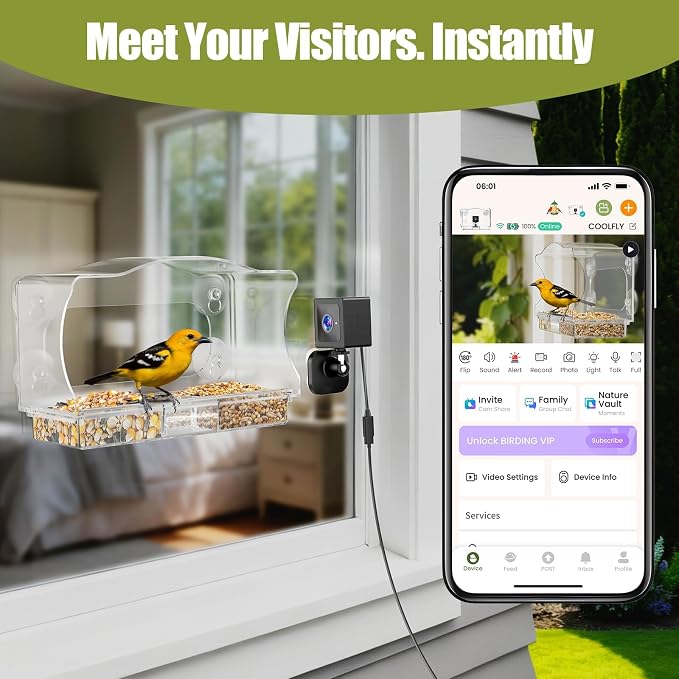 Waterproof Smart Window Bird Feeder with Camera & AI Bird Identifier, 2K HD Auto-Capture Video, Window Mounted with Strong Suction Cups, Unique Gift for Elderly Parents & Birding Lovers