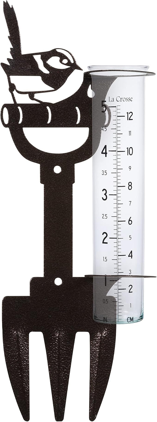 La Crosse 704-98937-INT Bird and Shovel Metal Garden Rain Gauge with 5" Glass Tube