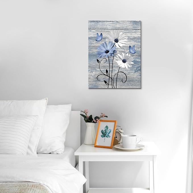 MYUSRE Blue and White Flower Wall Art for Bathroom, Farmhouse Daisy with Butterfly on Retro Wooden Canvas Wall Art Country Wildflower Pictures for Bedroom Home Wall Decor, 20L X 16W inches