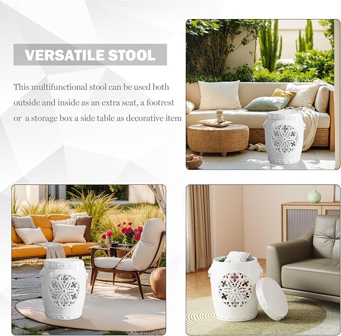 EasyUp Faux Ceramic Garden Stool, Decorative Drum Design, for Patio and Garden (White New)