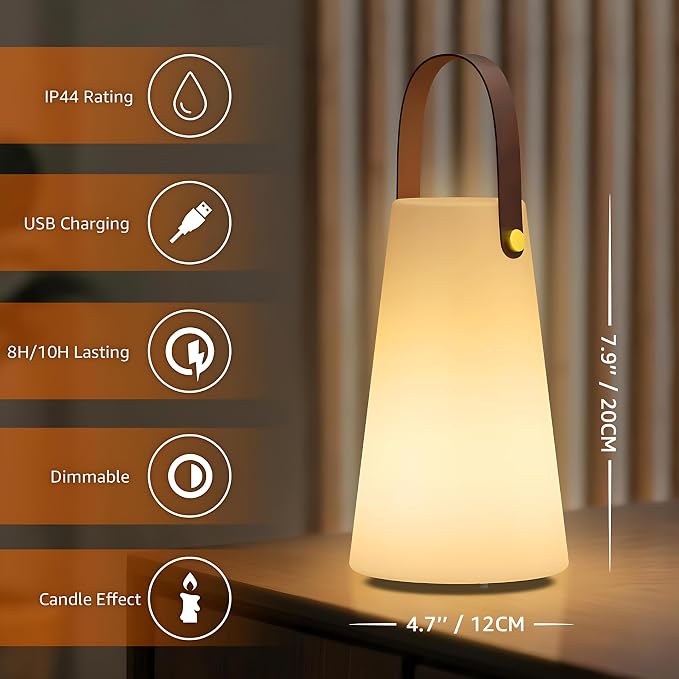 Outdoor Lanterns, GGII Rechargeable Camping Lantern with IP44 Waterproof, Battery Operated Outdoor Portable Cordless Table Lamp with RGB Lights for Patio Balcony Garden (Leather Handle)