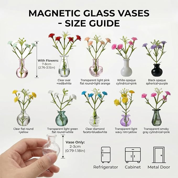 10-Pack Magnetic Mini Bud Vases Gift Set for Mom - Mixed Glass Decor for Fridge and Locker - Heavy-Duty Magnets - Small for Women, Teachers and Coworkers
