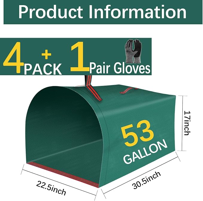 4 Pack 53 Gallon Dustpan Type Leaf Collector Bag lawn leaf bag holders, reusable and foldable canvas garden trash bags, lawn leaf containers