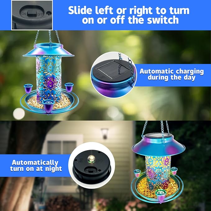 Solar Bird Feeder for Outdoors, 3 Nectar Cups for Hummingbirds, Metal Squirrel-Proof Weatherproof, 2-in-1 Garden Lantern Auto Light at Night, Perfect for Birthdays, Christmas, Bird Lovers