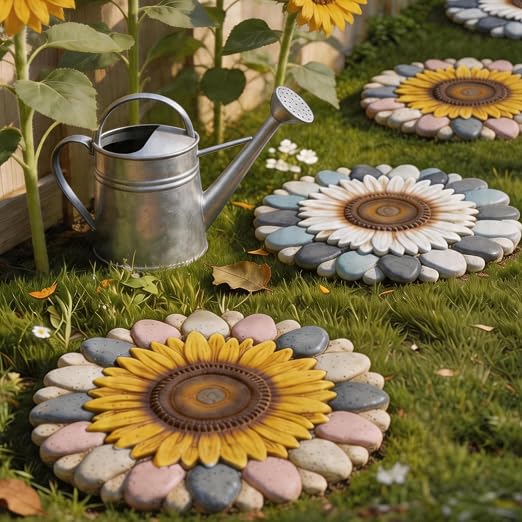 Sunflower Flower Cement Stepping Stones, 2 Pack, 10 Inch, Heavy Duty Non-Slip Outdoor Walkway Decor for Yard, Patio, Lawn