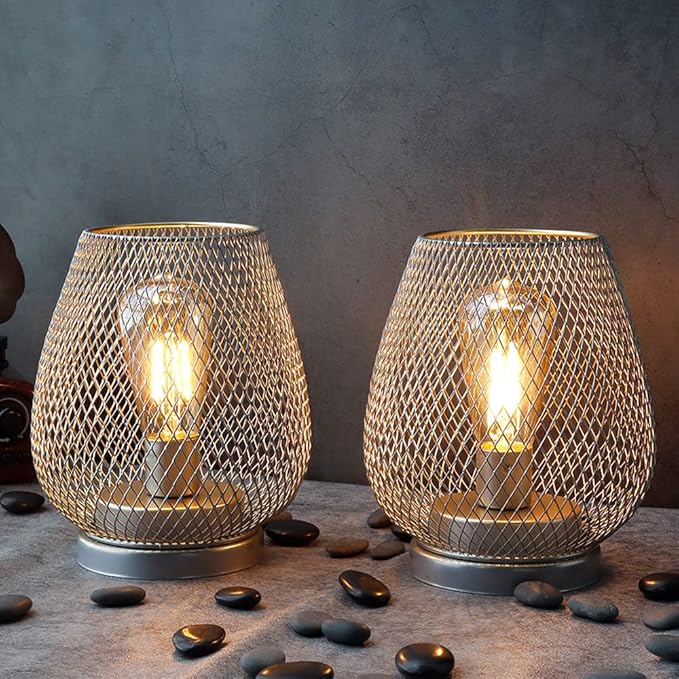 JHY DESIGN Set of 2 Metal Cage LED Lantern Battery Powered Cordless Accent Light with LED Great for Weddings Parties Patio Events for Indoors Outdoors(Silver)