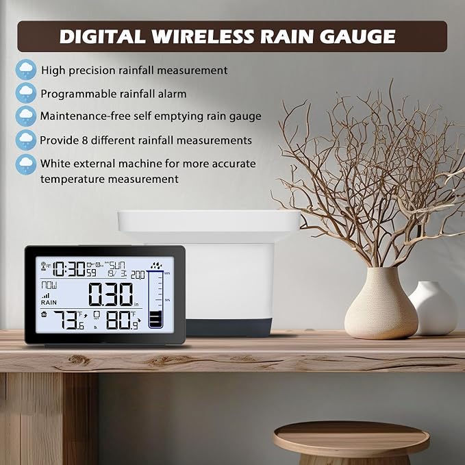 Digital Rain Gauge Outdoor with Thermometer, Self-Emptying Wireless Rain Gauges Outdoors Best Rated, Freeze Proof Automatic Rain Measure Gauge for Yard, High Precision Electronic Rain Collector