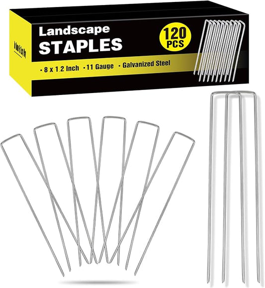 120 Pack Landscape Staples 8 Inch, Galvanized Garden Stakes Tent Stakes Heavy Duty 11 Gauge Landscaping Fabric Pins Yard Ground Staples for Lawn, Turf, Fence, Outdoor Decorations