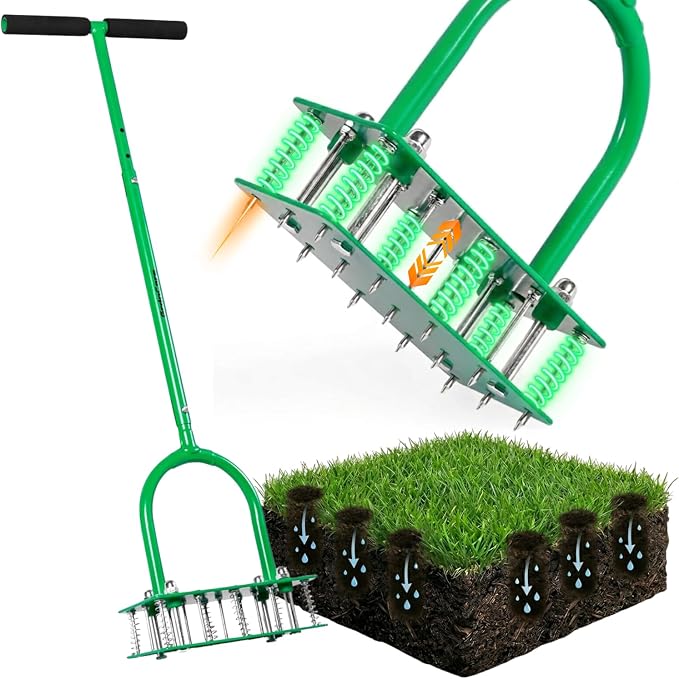 GrdnCare Aerator Lawn Tool with 15 Iron Spikes, 6-Spring Self-Cleaning Heavy-Duty Lawn Aerator Tool -Automatic Reset & Dirt/Leaf Clean System for Soil Loosening & Dethatching in Yard, Patio & Garden