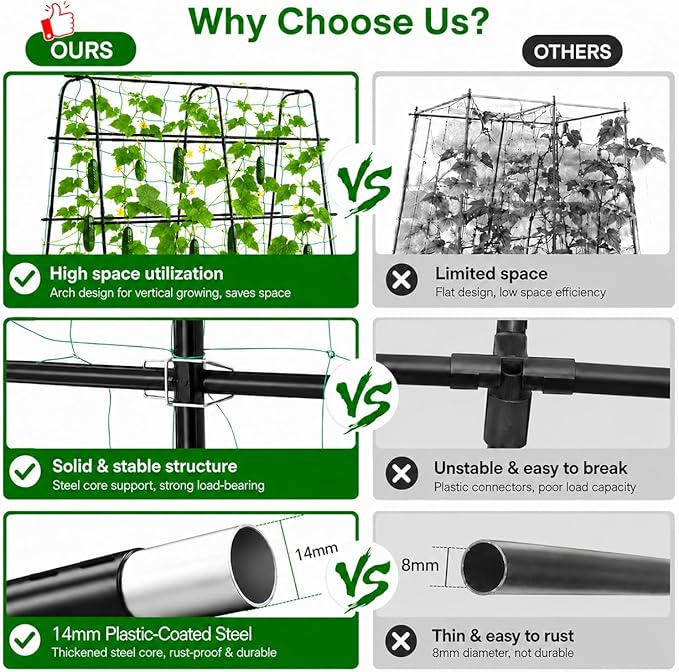 OTOSUNNY Cucumber Trellis for Raised Bed, 5.3' Tall Garden Arch Trellis for Climbing Plants Outdoor, Reinforced 14mm Metal Climbing Plant Support Grape Vine Tomato Pea Bean Vegetables Trellis, Black