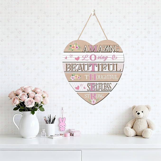 HOURIA Inspirational Mothers Day Decorations (12.2”x11), Heart-Shaped Amazing Mother's Day Wooden Sign for Front Door Wreath Home, Mom Birthday Gifts from Daughter Son