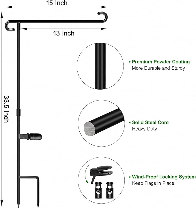 HOOSUN Garden Flag Stand Holder Pole Easy To Install Strong Sturdy Wrought Iron Fits 12.5" x 18" Mini Flag with 1 Tiger Clip Curved Hook With S Type (3 Pack)
