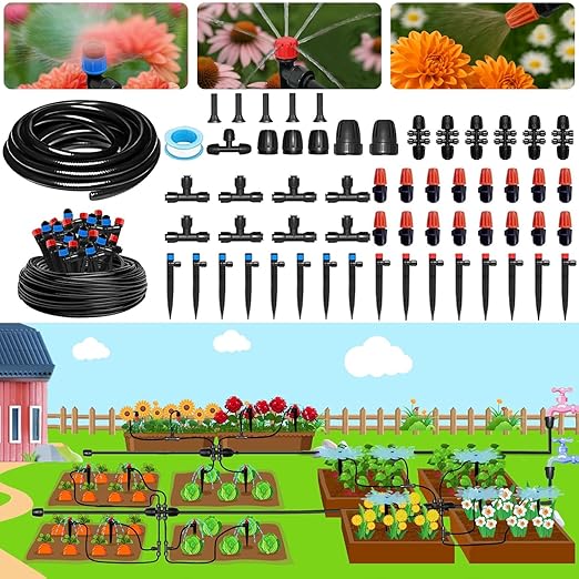 230FT Garden Drip Irrigation System, Quick-Connect Plants Watering System Kit with 1/2" & 1/4", Automatic Adjustable Nozzles & Sprinklers for Greenhouse, Raised Bed, Lawn, Flower Bed, Hanging Baskets