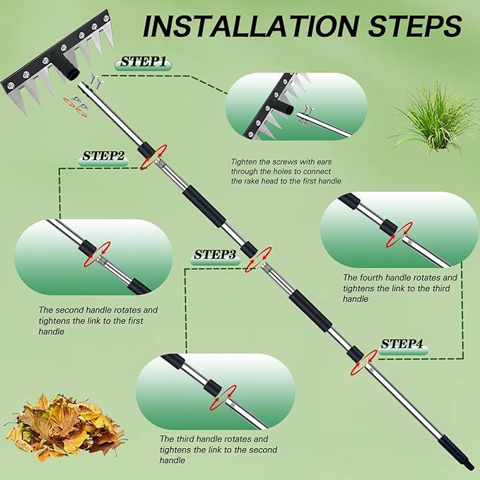 Upgraded 8 Tines Stainless Steel Weeding Tool, Thickened Version Manual Weeder Rake, Weeder Rakes with Adjustable Length Handle, Garden Weed Puller Tool for Weeding Loosen The Soil and Collect Fallen