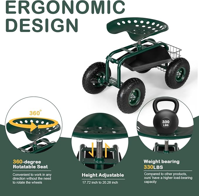 Rolling Garden Work Seat with Wheels, Gardening Stool for Planting, 360 Degree Swivel Seat, Garden Scooter with Steering Handle & Tool Tray, Garden Chair for Outdoor, Patio and Yard,Green