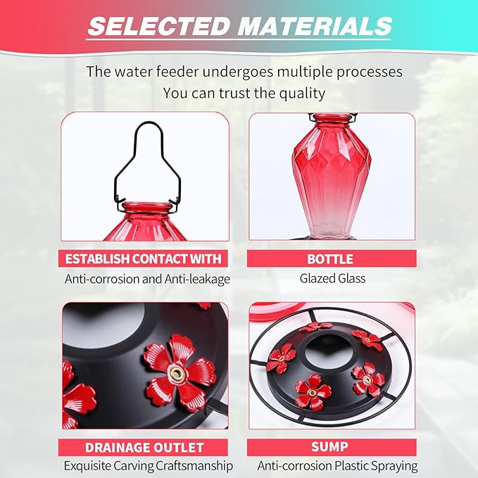 2 Pack Glass Hummingbird Feeder for Outdoors Hanging, 25Oz Humming Bird Nectar Feeder, Perch, 5 Flower Feeding Ports, Leak Proof Base, Hook for Outside Garden Backyard, Gift for Women, Diamond Red