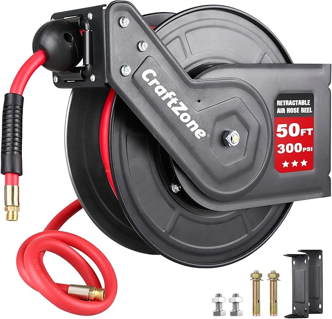 Retractable Air Hose Reel | Rewind 50 ft x 3/8 in Hybrid Air Hose Max 300PSI | Heavy Duty Air Compressor Hose Reel with Auto Rewind and Bracket | Ceiling|Wall Mount for Garage|Workshop|Home Studio