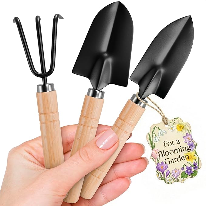 3 Pcs Mini Gardening Tools – Mini Garden Tools Set with Narrow Shovel, Wide Shovel & Hand Rake, Rustproof Metal Build, Ergonomic Wooden Handles – Potting & Transplanting Kit for Indoor Plant Care